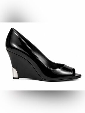 Fergie Black Patent Peep-Toe Wedge with Metallic Heel Accent